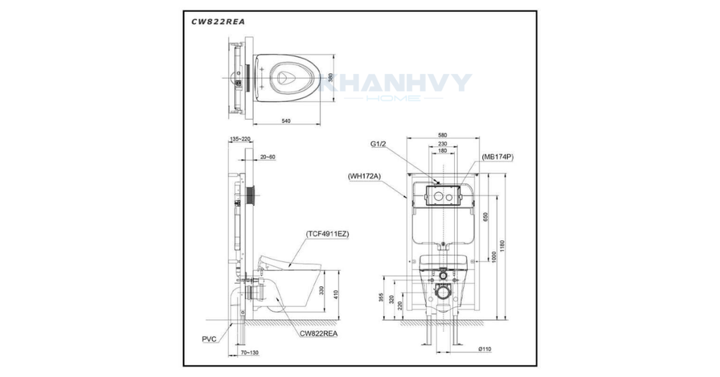 Bản vẽ kích thước của bồn cầu treo tường điện tử TOTO CW822REA TCF4911EZ