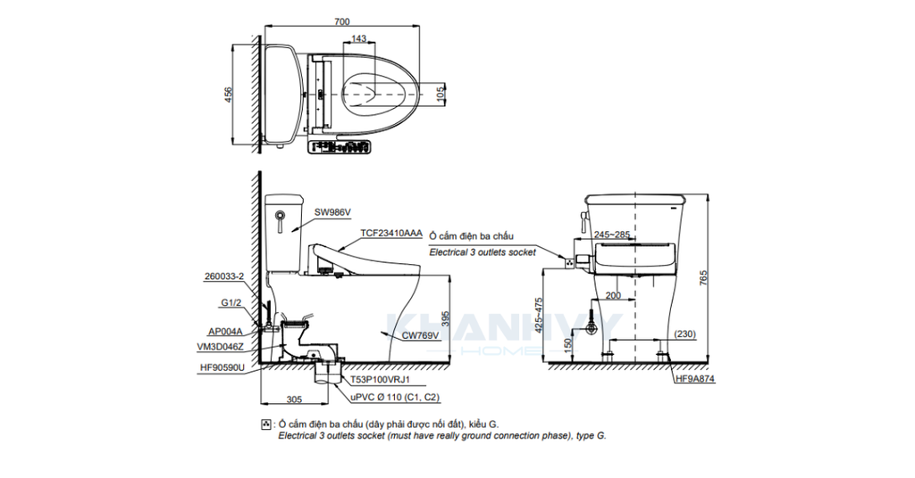 Bản vẽ kích thước bồn cầu điện tử TOTO CS 986GW16
