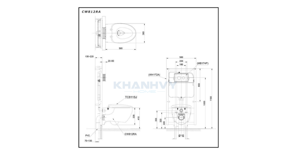 Bản vẽ kích thước của bàn cầu treo tường TOTO CW812RA/TC811SJ/WH172A/MB174P#SS