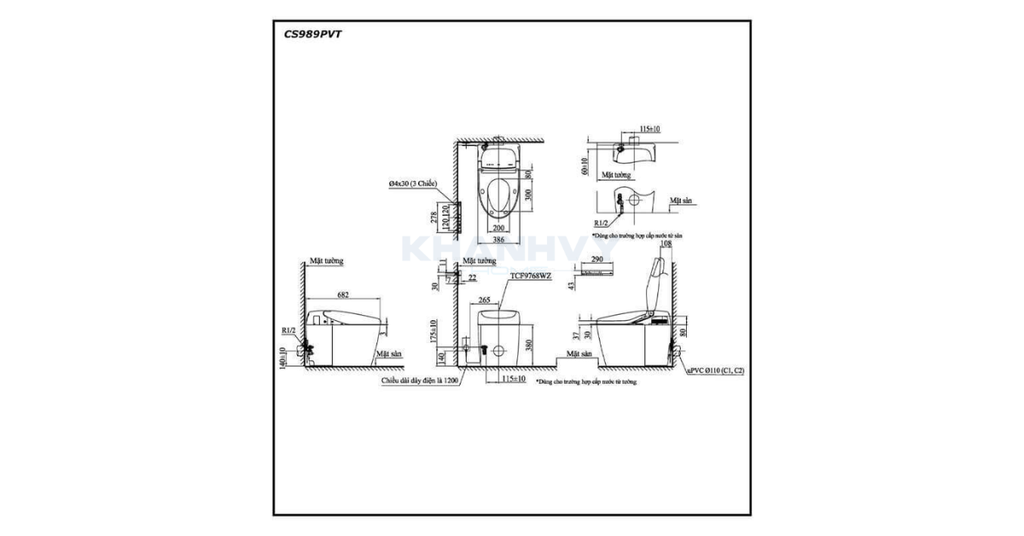 Bản vẽ kích thước của bàn cầu thông minh TOTO NEOREST RH CS989PVT TCF9768WZ