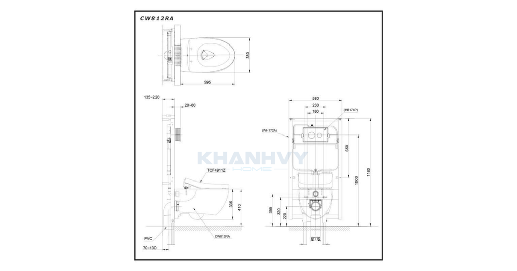 Bản vẽ kích thước của bàn cầu treo tường TOTO CCW812RA/WH172A/TCF4911Z/MB170P#SS