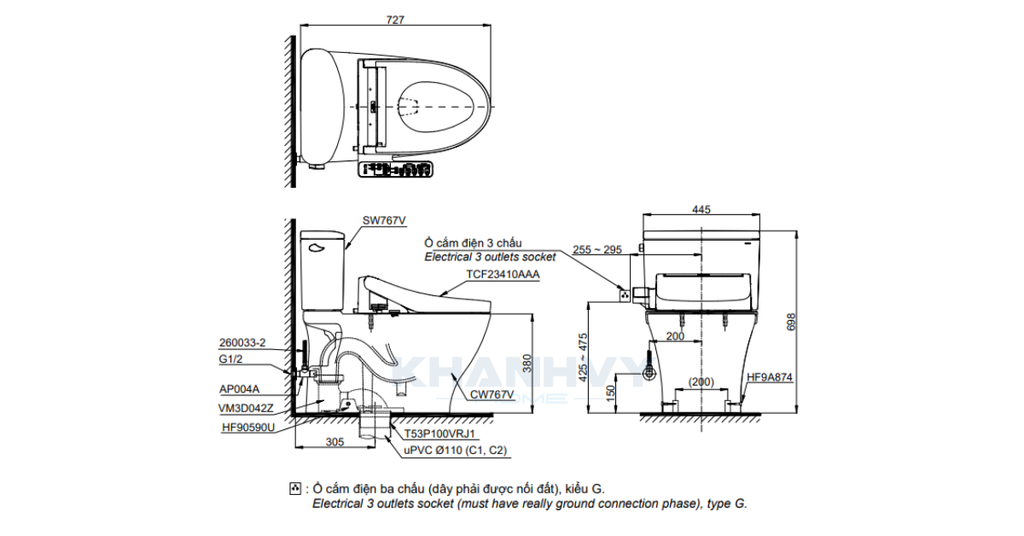 Bản vẽ kích thước của bồn Cầu Điện Tử TOTO CS767RW16#XW