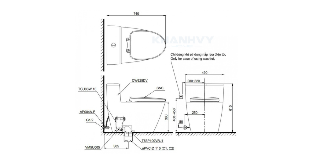 Bản vẽ kỹ thuật của bàn cầu một khối TOTO MS625DW11