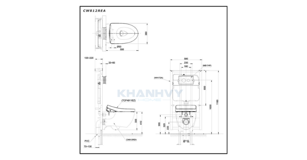 Bản vẽ kích thước của bồn cầu treo tường TOTO CW812REA