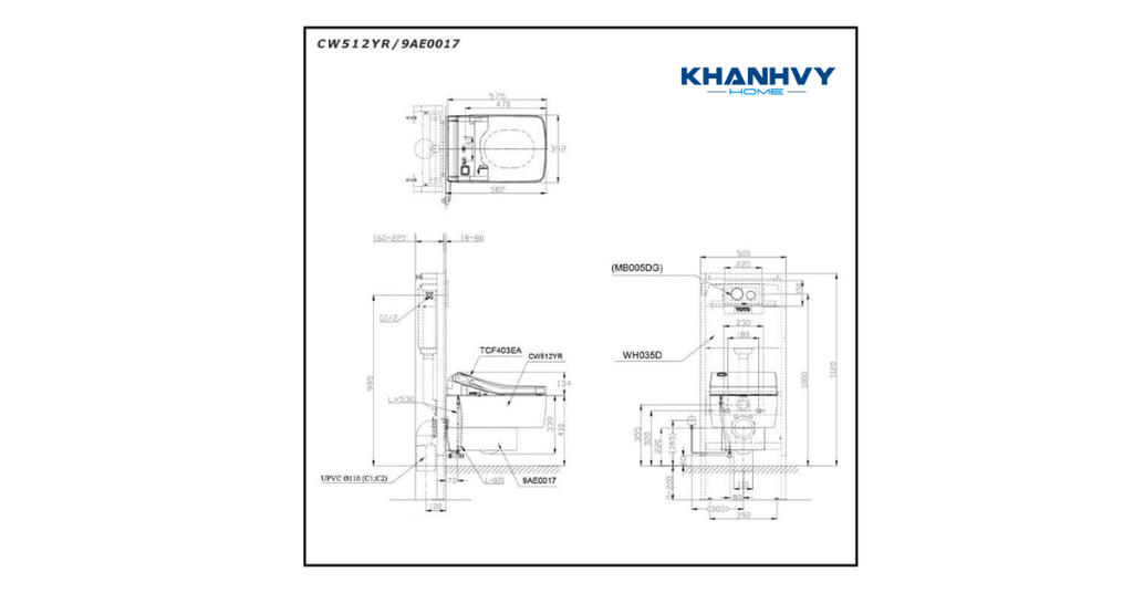 Bản vẽ kích thước của bàn cầu RENESSE treo tường CW512YR/9AE0017/TCF403EA