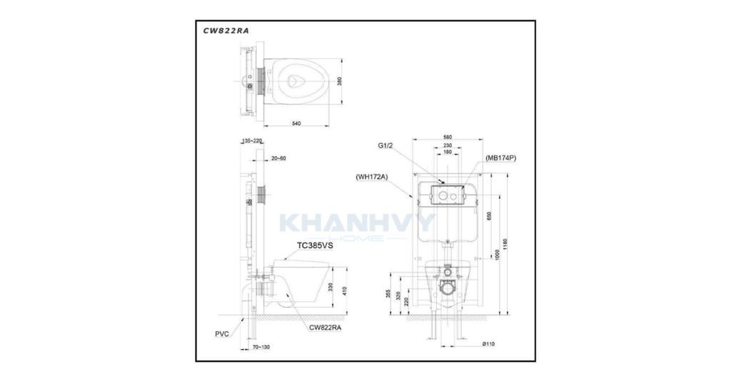 Bản vẽ kích thước của bồn cầu treo tường TOTO CW822RA/TC385VS/WH172A/MB170P#SS