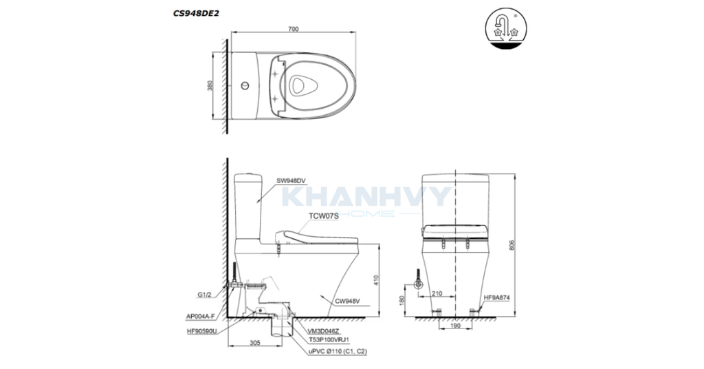 Bản vẽ kích thước của bồn cầu hai khối TOTO CS948DE2#XW