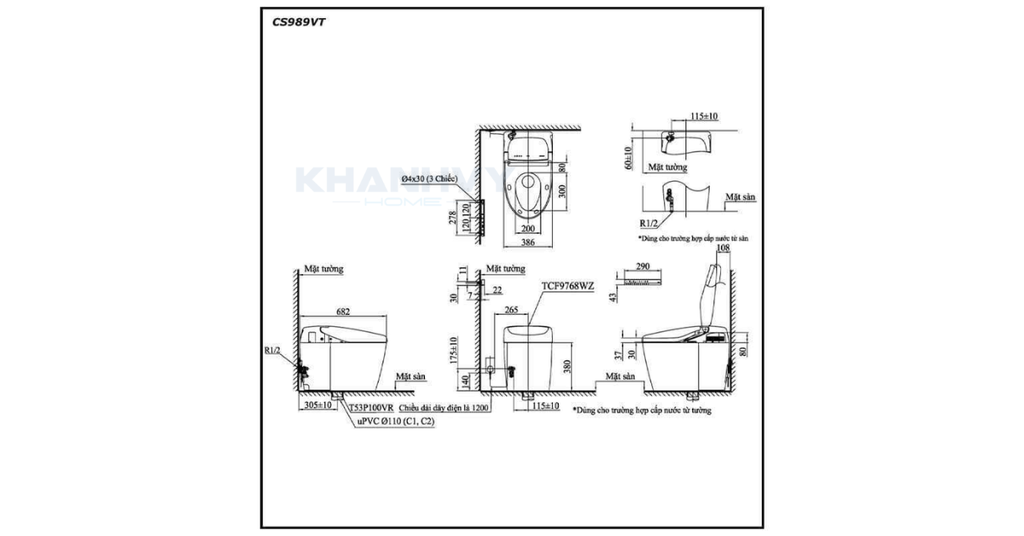 Bản vẽ kích thước của bàn cầu thông minh TOTO NEOREST RH