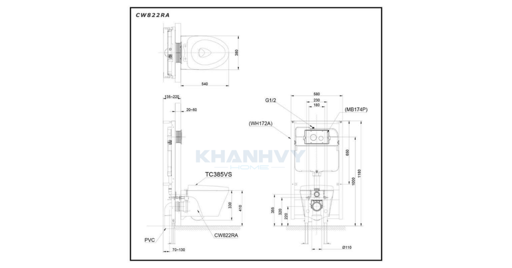 Bản vẽ kích thước của bồn cầu treo tường TOTO CW822RA kết hợp nắp điện tử TCF4911Z