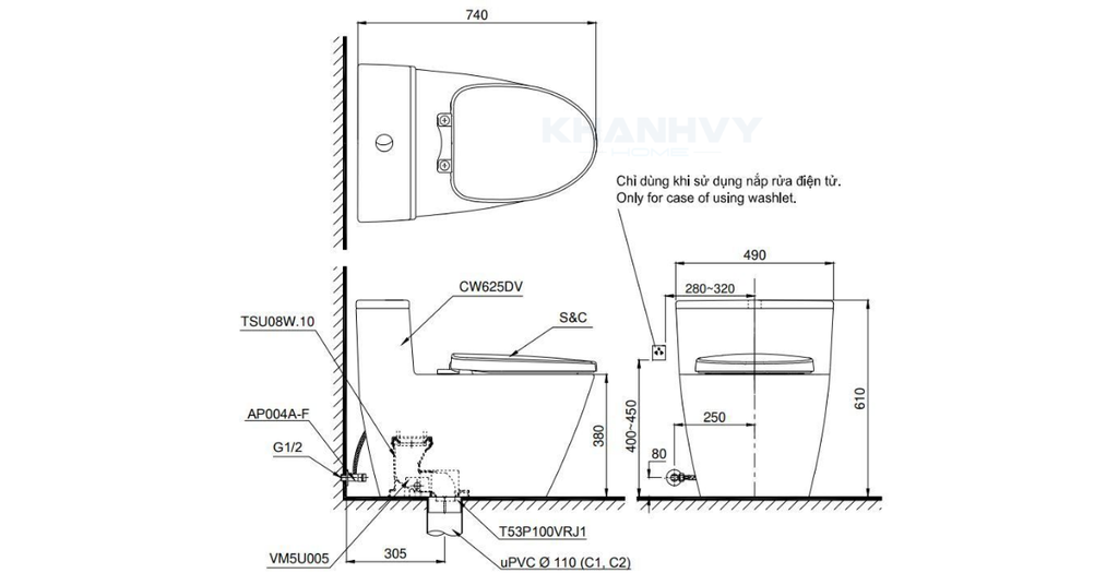 Bản vẽ kỹ thuật của bàn cầu một khối TOTO MS188VKT8XW
