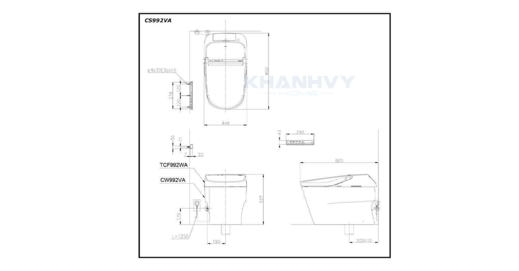 Bản vẽ kích thước của bàn cầu điện tử TOTO NEOREST XH I CW992VA/TCF992WA/T53P100VR