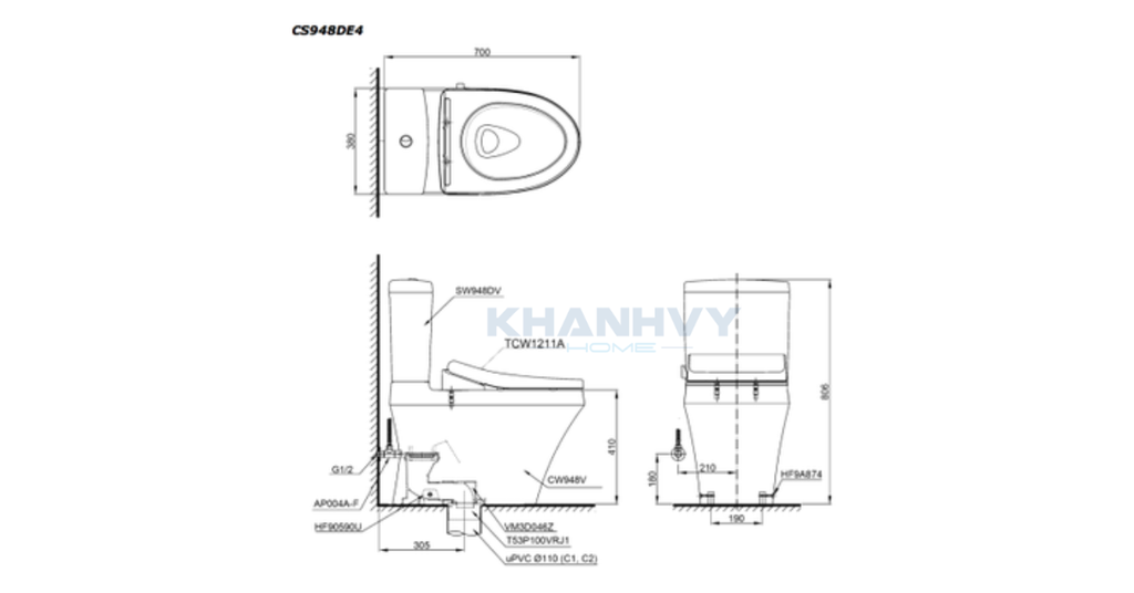 Bản vẽ kích thước của bàn cầu hai khối TOTO CS948DE4XW