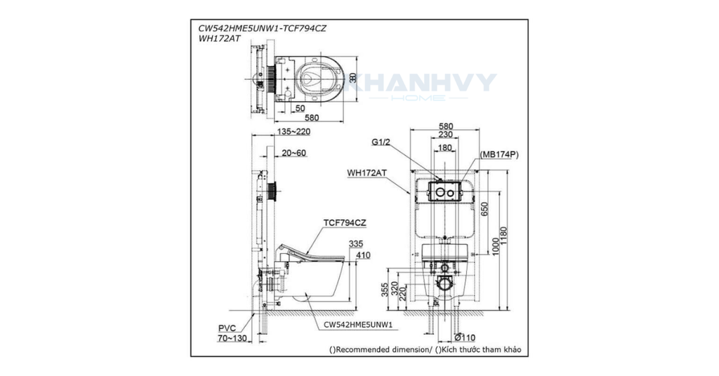 Bản vẽ kích thước của bồn cầu TOTO CW542HME5UNW1/TCF794CZ