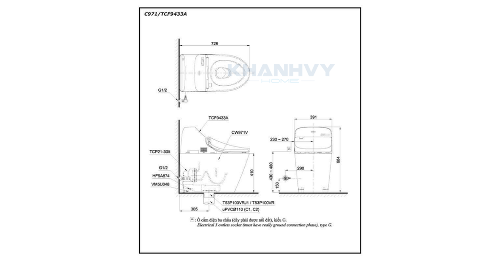 Bản vẽ kích thước bồn cầu thông minh TOTO C971/TCF9433A