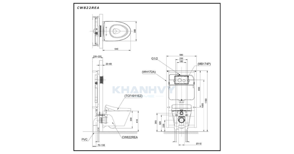 Bản vẽ kích thước của bồn cầu treo tường điện tử TOTO CW822REA_TCF4911EZ