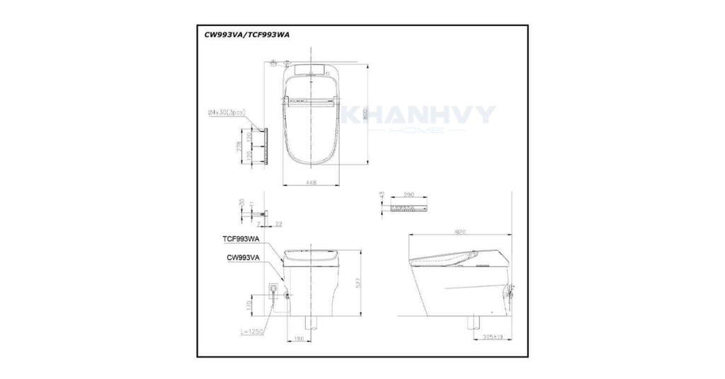 Bản vẽ kích thước của bồn cầu thông minh TOTO CW993VA/TCF993WA/T53P100VR Neorest XH II