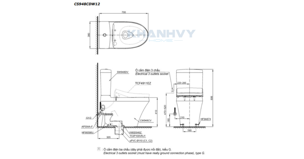 Bản vẽ kích thước của bồn cầu điện tử thông minh TOTO CS769CDRW12