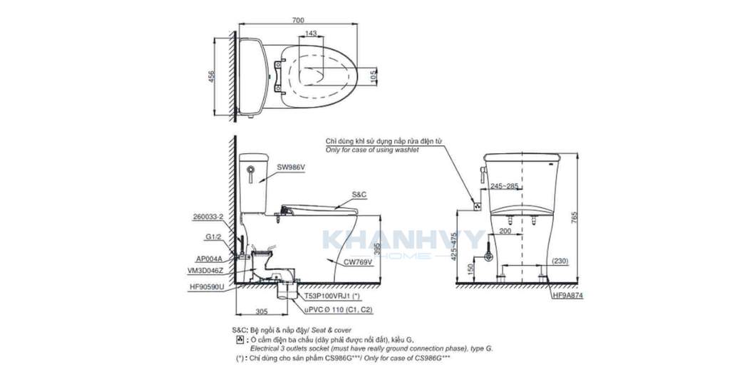 Bản vẽ kích thước của bàn cầu hai khối TOTO CS986GW11XW