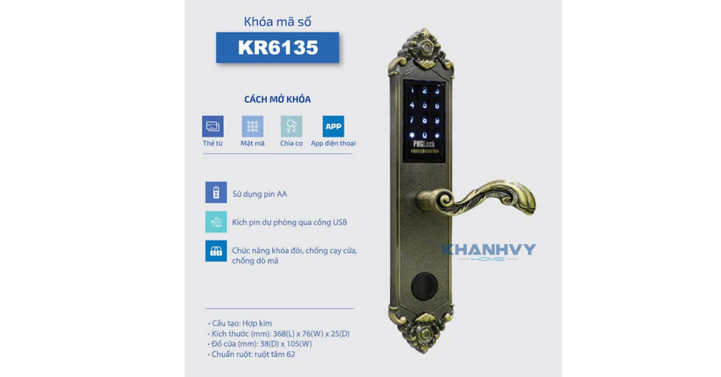 Sản phẩm khóa điện tử PHGlock KR6135G-BR - L |A sở hữu thiết kế hiện cổ điển sang trọng và mặt khóa cảm ứng hiện đại