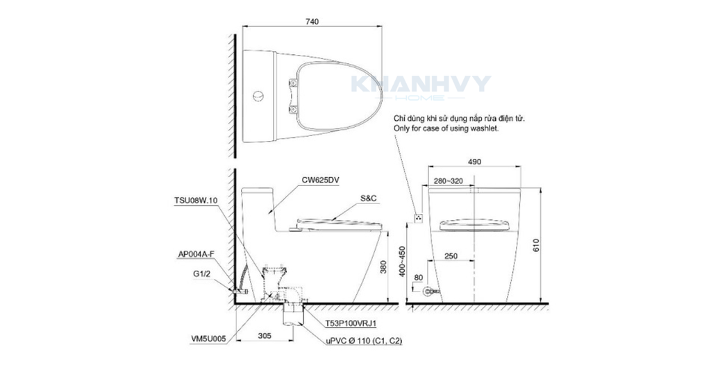 Bản vẽ kỹ thuật của bàn cầu một khối TOTO MS625DW16