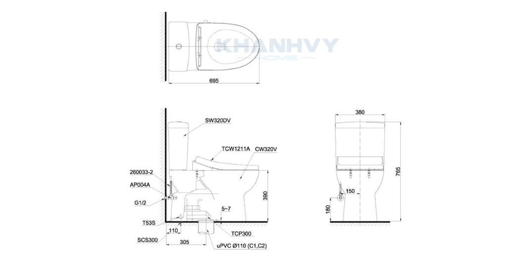 Bản vẽ kích thước của sản phẩm bàn cầu hai khối TOTO CS320DRE4W