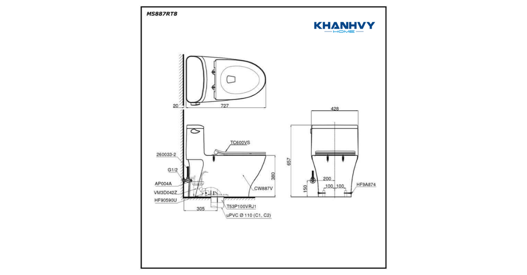 Bản vẽ kích thước của bồn cầu TOTO MS887RT8