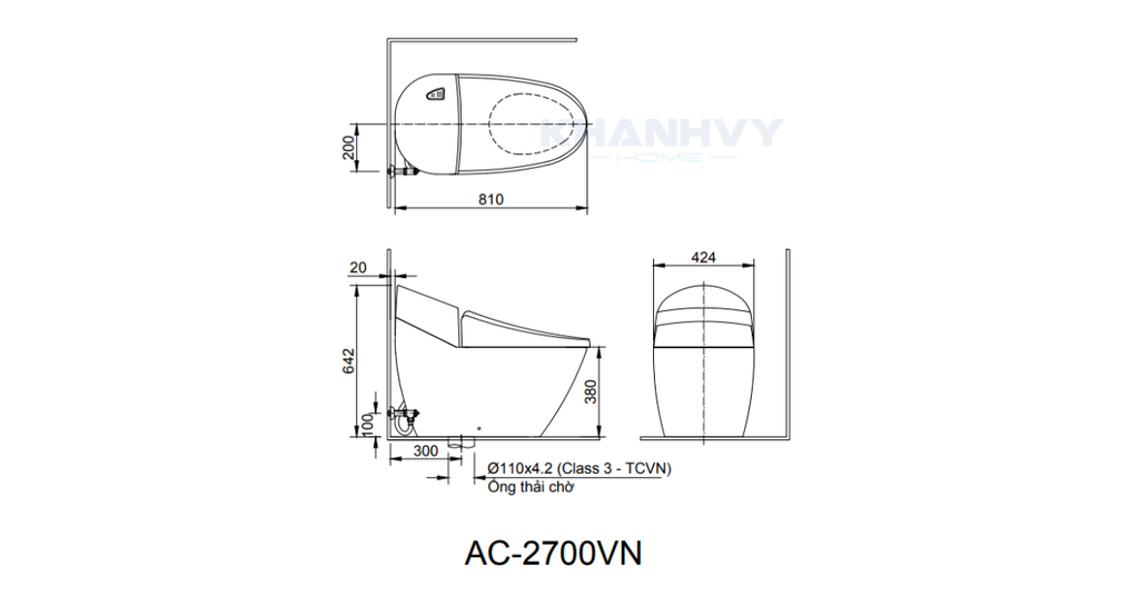 Bản vẽ kích thước của bồn cầu INAX AC-2700VN