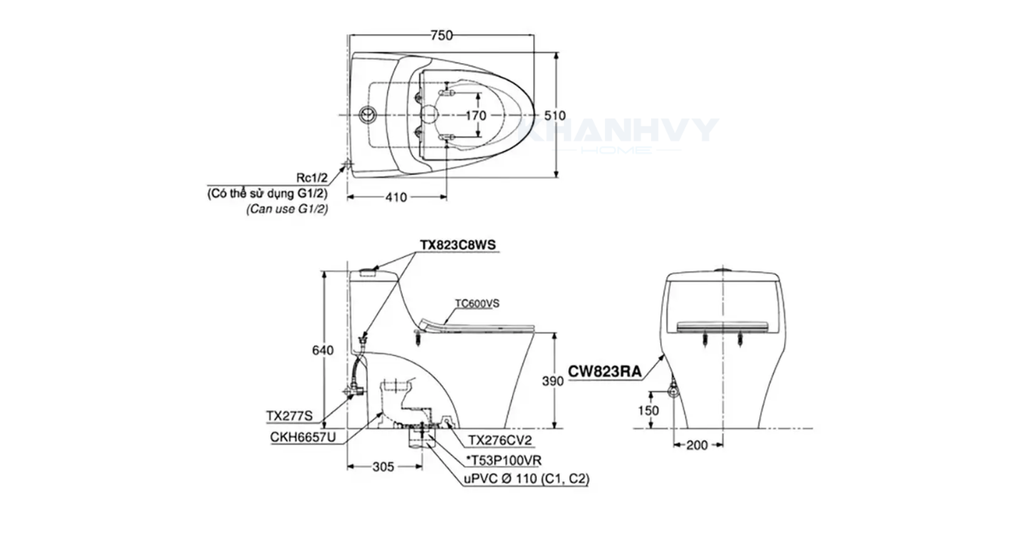 Bản vẽ kỹ thuật của bàn cầu một khối TOTO MS823DRT8XW