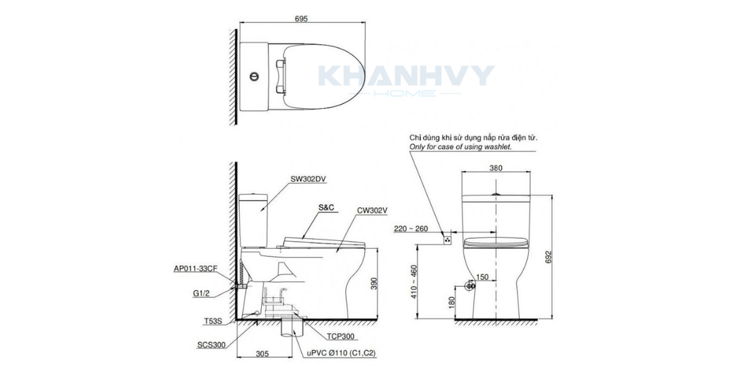 Bản vẽ kích thước của bồn Cầu TOTO CS302DE2 2 Khối Nắp Cơ TCW07S