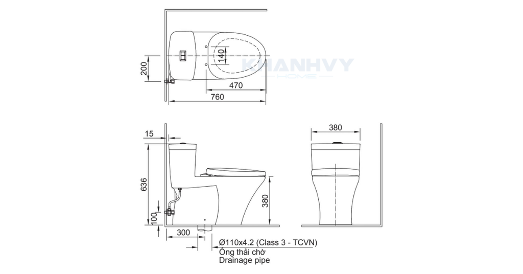 Bản vẽ kích thước của bồn cầu INAX AC-900VRN-2