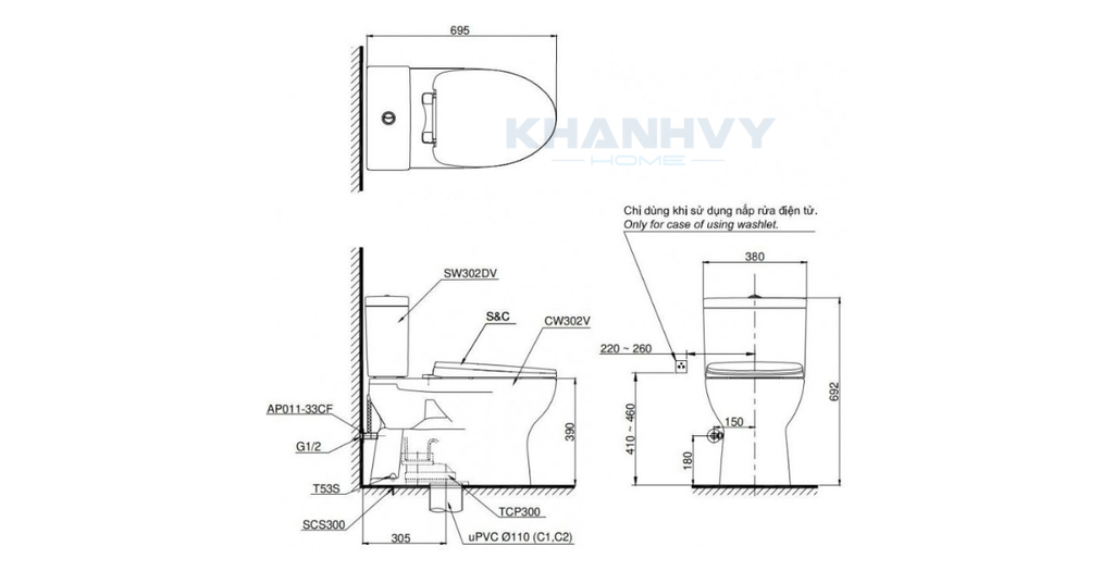 Bản vẽ kích thước của bàn cầu hai khối TOTO CS302DE4