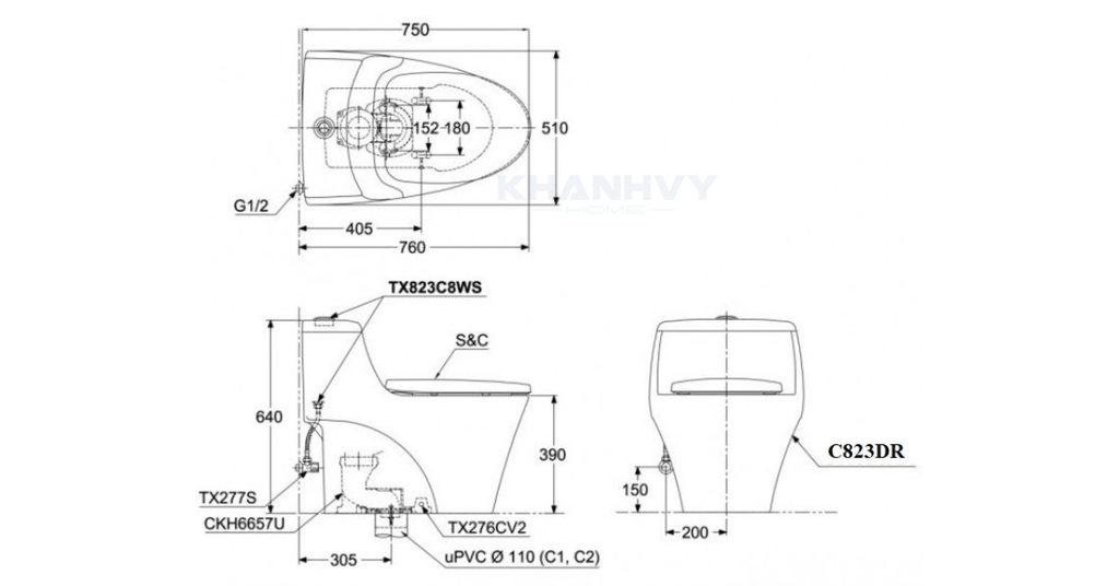 Bản vẽ kỹ thuật của bàn cầu một khối TOTO MS823DRT2XW