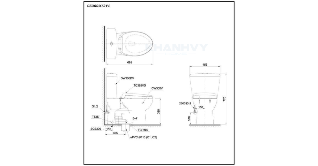 Bản vẽ kỹ thuật của bàn cầu hai khối TOTO CS300DT2Y1