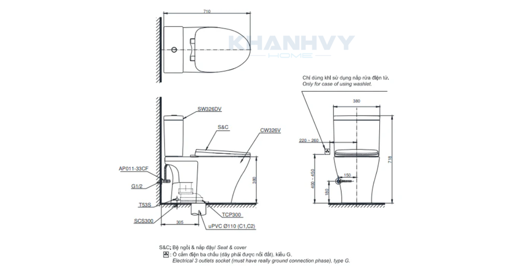 Bản vẽ kích thước của bàn cầu hai khối kèm TOTO CS326DE2XW