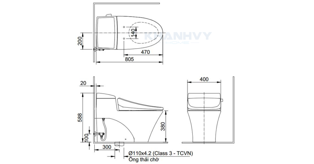 Bản vẽ kỹ thuật của bồn cầu 1 khối INAX AC-1017R/CW-H18VN