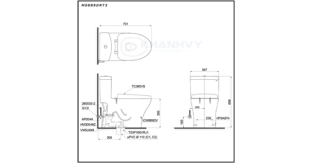 Bản vẽ kỹ thuật của bàn cầu một khối TOTO MS889DRT3