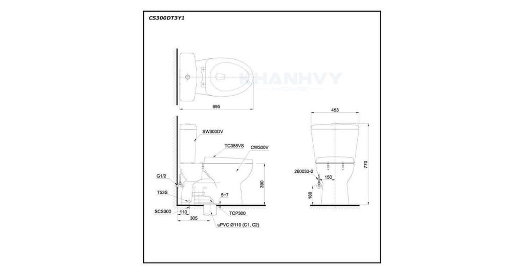 Bản vẽ kỹ thuật của bàn cầu hai khối TOTO CS300DT3Y1