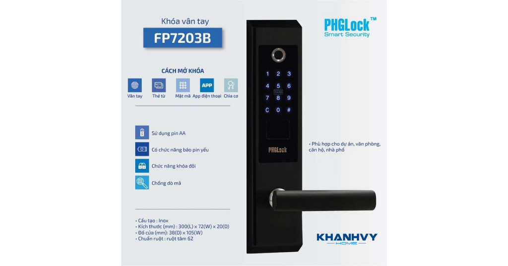 Khóa vân tay PHGlock FP7203B - L (mở trái) App tích hợp nhiều phương thức mở khóa đa dạng