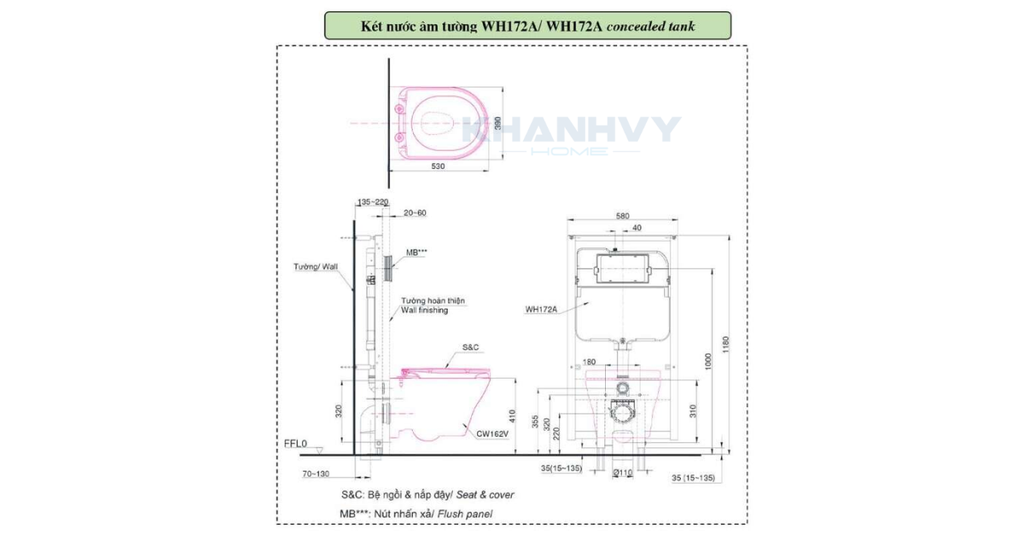 Bản vẽ kích thước của bồn cầu treo tường TOTO CW162/TC384CVK/WH172A/MB174P#WH