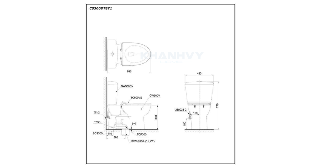 Bản vẽ kỹ thuật của bàn cầu hai khối TOTO CS300DT8Y1