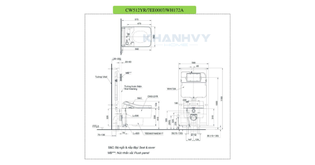 Bản vẽ kích thước của bồn cầu treo tường TOTO CW512YR