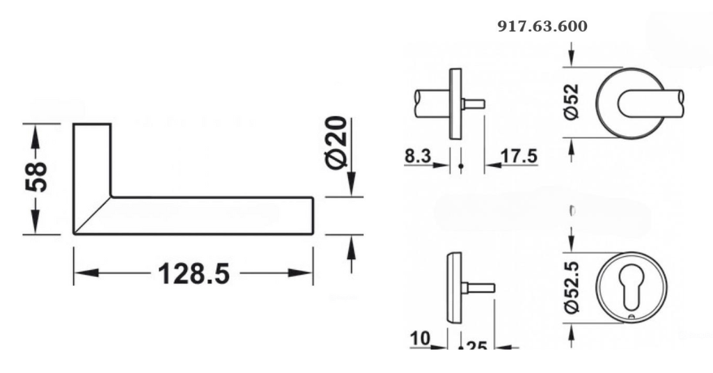 Bản vẽ kỹ thuật của khoá điện tử nắm ngoài Hafele 917.63.600