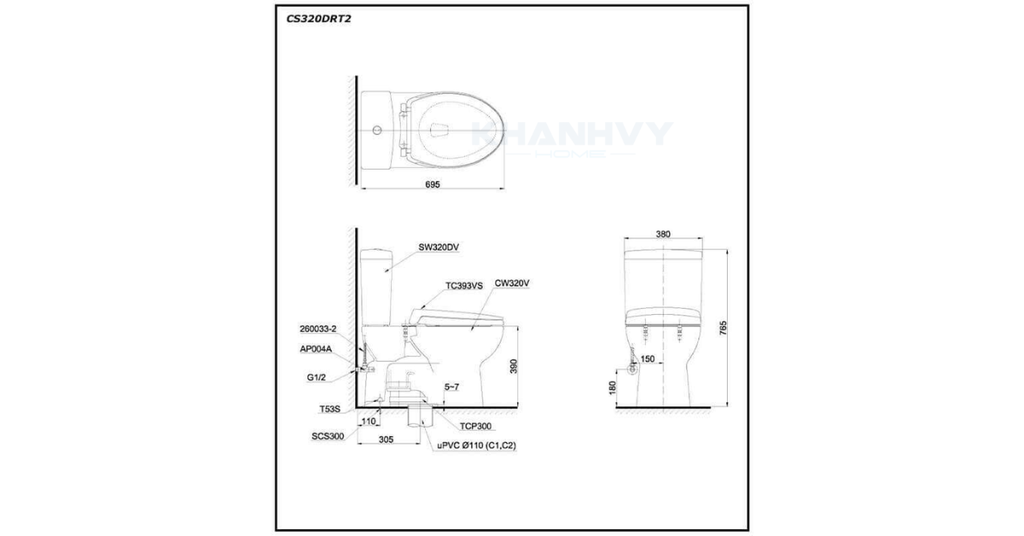 Bản vẽ kỹ thuật của bàn cầu hai khối TOTO CS320DRT2