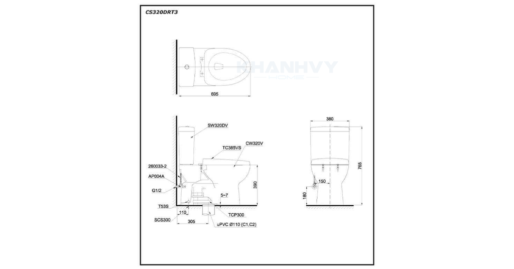 Bản vẽ kỹ thuật của bàn cầu hai khối TOTO CS320DRT3 nắp TC385VS