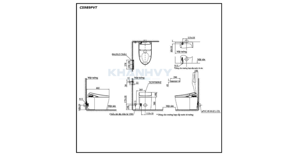 Bản vẽ kích thước của bàn cầu thông minh TOTO NEOREST AH CS989PVT TCF9788WZ