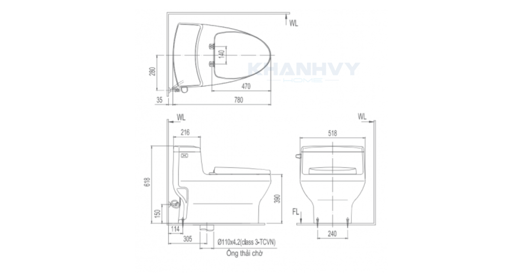 Bản vẽ kỹ thuật của bồn cầu một khối INAX AC-4005VN/BW1