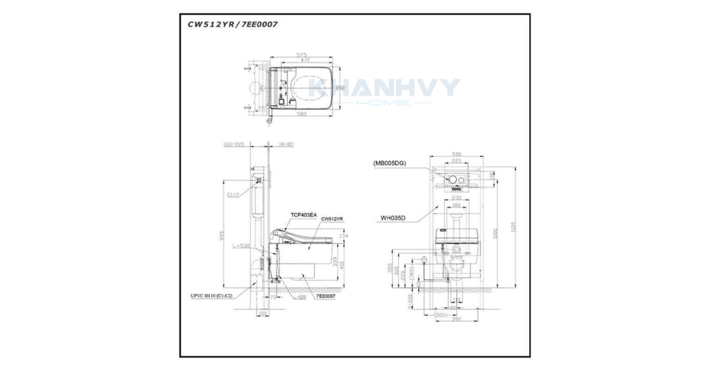 Bản vẽ kích thước của bồn cầu treo tường TOTO CW512YR#W