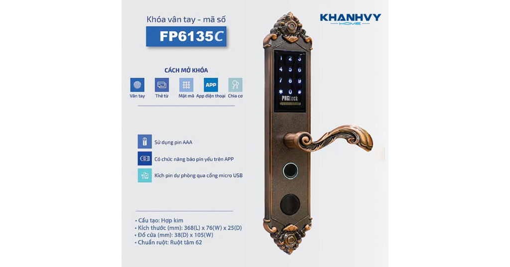 Khóa vân tay PHGlock FP6135C - R APP |A mở khóa bằng vân tay, thẻ từ, mật mã, App điện thoại, chìa cơ