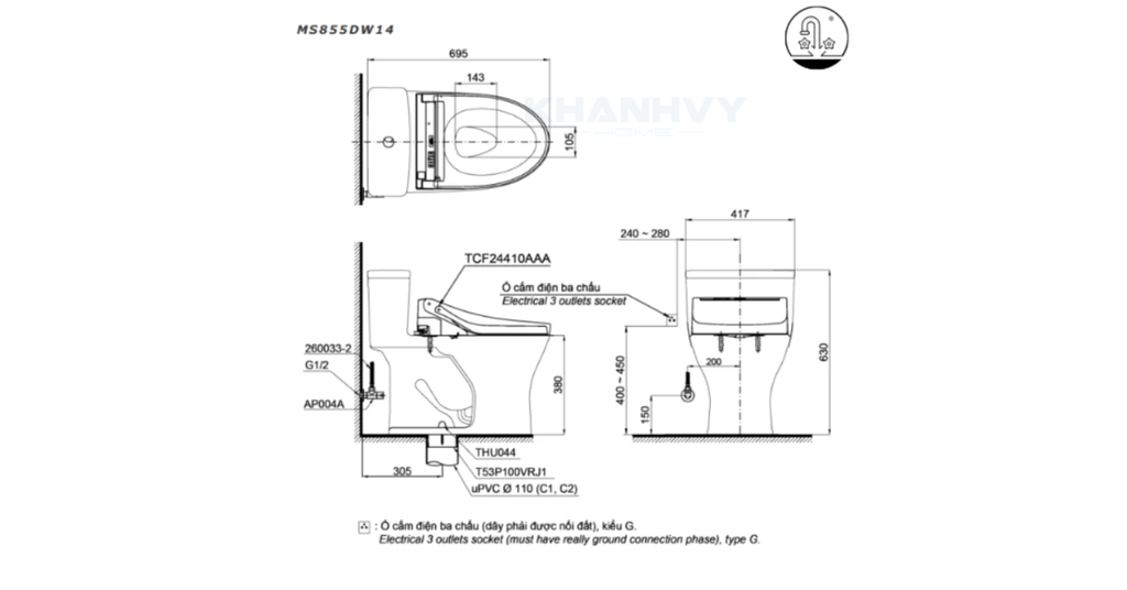 Bản vẽ kỹ thuật của bàn cầu một khối TOTO MS855DW14XW