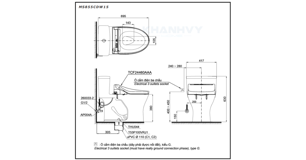 Bản vẽ kỹ thuật của bàn cầu một khối TOTO MS855CDW15XW